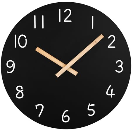 Plumeet 10'' Small Wall Clock, Frameless Wooden Wall Clocks with Silent Quartz Movement, Rustic Coastal Country Village Clock Decorative for Kitchen Bedroom Living Room, Black