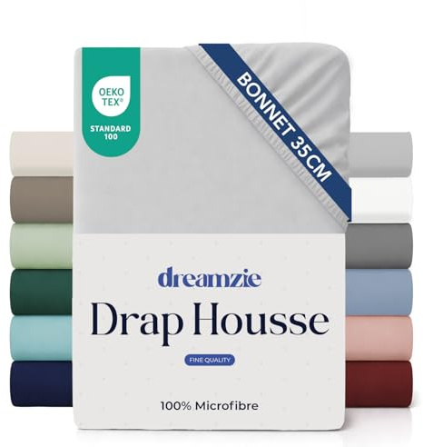 Dreamzie Lakan 80x190/200 Keps 35 cm för tjock madrass - 100% mikrofiber - Grå, Certifierad utan kemiska produkter (Oeko TEX), Lakan med full resår