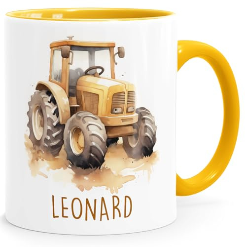 SpecialMe® Kindertasse Namenstasse Traktor Feuerwehrauto Rennwagen Auto Drache Keramikbecher Geschenk Kinder Jungen Weiss-innen-gelb standard