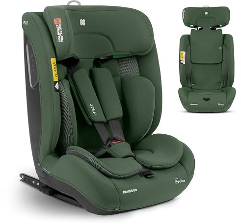 KikkaBoo i-Size i-FLIT, Kindersitz 9-36 kg ISOFIX, Autokindersitz 76-150 cm, Gruppe 1/2/3, 15 Monate bis 12 Jahre, SPS Seitenschutz, Top Tether, Verstellbare Kopfstütze, Armeegrün