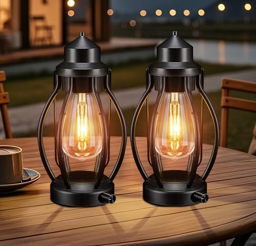 pearlstar Rechargeable Camping Lanterns 2 Pack Black Portable LED Decorative Lamps Outdoor Indoor Battery Operated/USB-C Charge, Dimming Edison Blub light with Timer, for Table Patio Garden Yard Porch
