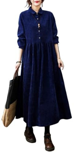 Suncadmious Vestiti da Donna in Velluto a Coste Tinta Unita Larghi Primaverili Autunnali e Invernali con Bottoni Camicia Lunga Gonna a Pieghe a Trapezio Maniche Lunghe Bavero Midi (Marina,M)