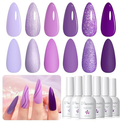 PEACECOLOR Gel Nail Polish Set 6 Colors Purple Nude Gel Polish Set Neon Soak Off Glitter Nail Art DIY Manicure Salon and Home for Women