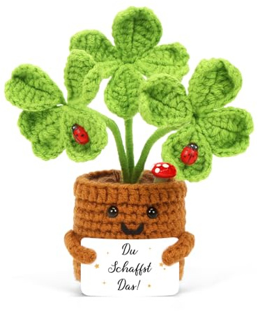 HUKUMA Glücksbringer Gestrickte Vierblättriges,Kleine Geschenke für Adventskalender Kinder Frauen,Pocket Hug Positive Gehäkelte Blume,Häkelblumen Du schaffst das Geschenk,Kleines Dankeschön Geschenke