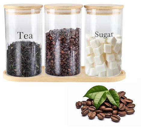 ZoeQide Juego de 3 Botes para Café, Azúcar y Té - Lata para Té, Bote Café y Azucarero Airtight de Vidrio con Tapa de Bambú - Organización de Cocina, Contenedores Herméticos para Mostrador