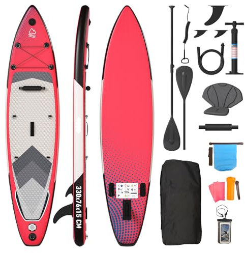 Devoko Stand Up Paddling Board, Aufblasbares SUP Board 330 * 76 * 15cm, 2-in-1 Stand Up Paddle mit Kajaksitz & Zubehör, Bis 130kg, Ideal zum Surfen, Angeln, Yoga, Farbverlauf Rosa