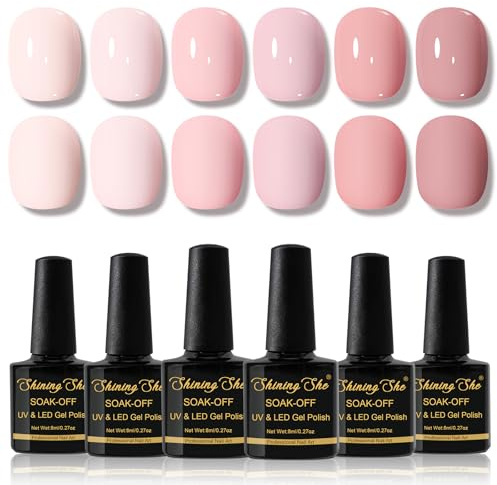 Shining She Gel Nail Polish, 6 Colors Soft Nude Pink Gel Polishes Set Soak-Off UV/LED Nail Polish Gift for Nail-Art Salon DIY Home, 8ML