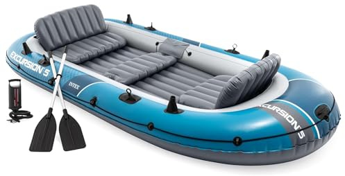 INTEX 66325EP Excursion 5 Inflatable Boat Set: Includes Deluxe 54in Aluminum Oars and High-Output-Pump – Adjustable Seats with Backrest – Fishing Rod Holders – 5-Person – 1320lb Weight Capacity
