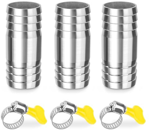 Recto Manguera Barb de Acero Inoxidable, 3 Piezas 30x65mm Conector de Lengüeta con Abrazaderas, 2 vías en Forma de I Racores de Manguera Adaptador para Agua, Aire