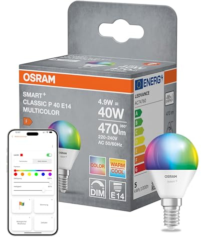 OSRAM Lampada LED SMART+ Matter P40 mini a forma di sfera 4,9W E14 RGBW, dimmerabile, controllabile tramite app e voce, compatibile con Alexa, Google, Apple, WiFi