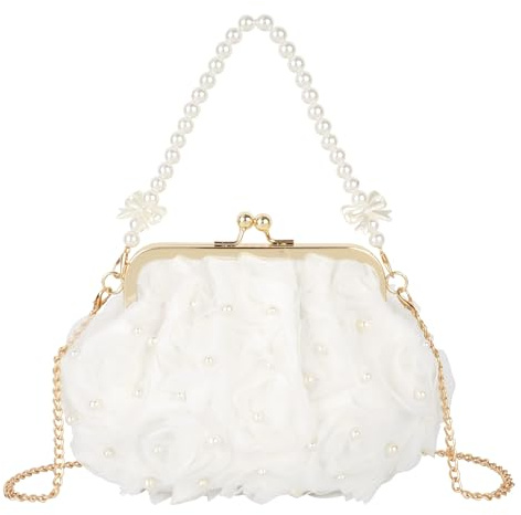 Pandalein Damen Blumen Clutch Seide Abendtasche Brauttasche Kleidertasche Handtasche mit Perlen Henkel Kette für Hochzeit Wedding Prom Party