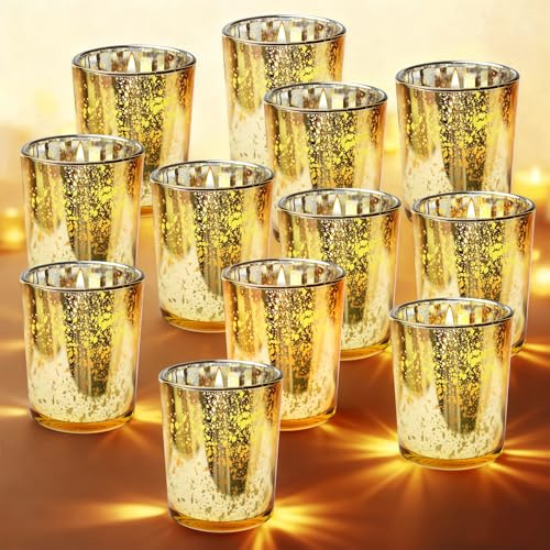 Lot de 12 Bougeoirs Doré en Verre Au Mercure, Photophores en Verre Moucheté De Première Qualité, Photophores Dorés en À Mercure, 4.7 * 5.6 * 6.6CM Photophore pour Décoration De Table, Fête, Cadeau