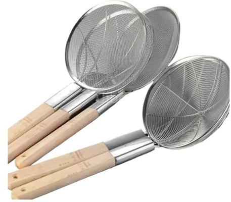 Scolapasta Acciaio Inox 1 scolapasta in acciaio inox grande e lungo for patatine fritte, cestello con manico in legno e rete for friggere(32cm)
