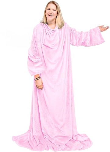 Made in Gift Batamanta Suave con Mangas – Talla Única – Manta de Cuerpo Entero para Casa – Colores Granate, Azul, Celeste y Rosa – Cómoda y Caliente para Sofá o Cama (Rosa)