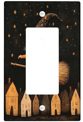 Halloween Gnomes Decorative Light Switch Cover Plate 1 Gang Single Rocker, Funny Witch Broom Stars Electrical Faceplate for Kitchen Bathroom, Fun Switchcover Decor