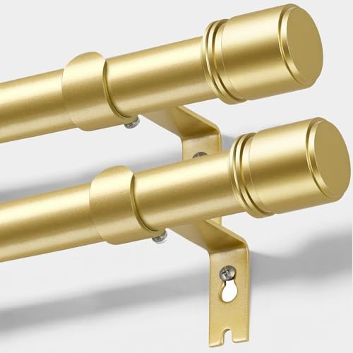 HOTOZON 2 stycken gardinstänger guld, 80–148 cm, 25 mm diameter, gardinstång, utdragbar, teleskopgardinstång, fönster med lockknoppar med hållare, gardinstänger för vardagsrum