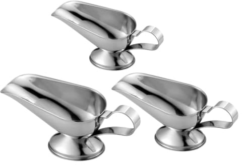 Baluue 3pcs Stainless Steel Gravy Boats with Sauce Saucers for Hot and Cold Condiments Lightweight Portable Seasoning Dipping Bowls for Vinegar Salad Dressings and Broth in Kitchen and