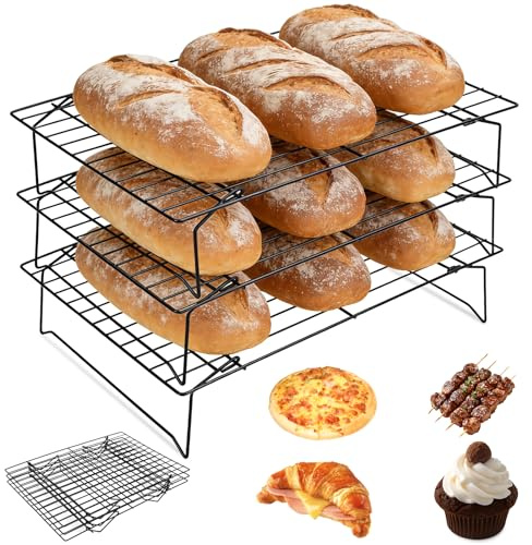 KOUHA Rejilla Enfriar Reposteria Rejilla para Hornear Apilable de 3 Plantas Ahorro de Espacio Patas Plegables Cooling Racks para Hornear Secar Enfriar Pasteles Bakery Cooling Rack 34x24x6.5cm