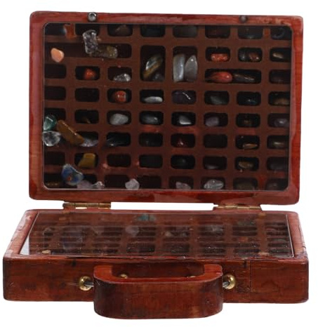 Parliky Vintage Holz Stein Aufbewahrungsbox mit Fächern Stabile Sammler Vitrine für Schmuck Edelsteine und Kleine Schätze Retro Design Organizer für Zuhause und Büro Kompakte