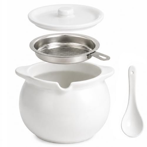 Raoletin 1.4L Fat Separator Jug Ceramic Fat Separator, Household Cooking Oil Separation Container with Strainer, Lid and Spoon for Healthy Kitchen Bacon Grease, Frying Oil, Gravy and Sauce Storage