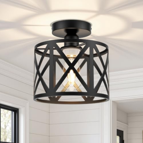 Semi Flush Mount Ceiling Light Fixture, 1-Light Farmhouse Light Fixture with E27 Base Metal Cage, Industrial Rustic Ceiling Lampshade for Bedroom Kitchen Hallway Entryway Laundry Room, Black 22cm