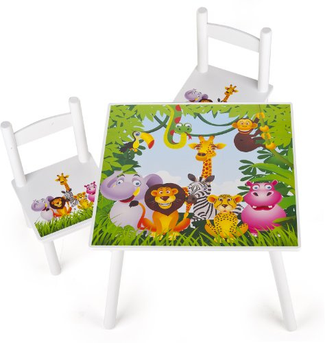leomark tavolo e 2 sedie in legno, tavolino set da cameretta per bambini, gioco di gruppo in classe, mobili per bambini, stanza dei bambini mobili alta qualità stabile, tema: JUNGLE