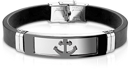 Bungsa Armband Anker aus Silikon Schwarz - mit Silberner Edelstahlplatte & Klickverschluss - Herren-Armband für Männer