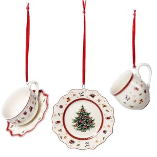Villeroy und Boch Toy's Delight Decoration Ornamente Geschirrset 3tlg., Ornamente zum Hängen, Premium Porzellan, Textilien, Weihnachtsgeschirr, Metall, weiß, rot, 6,3 cm