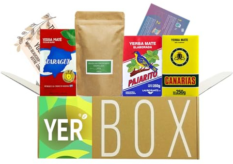 Yerbox Ensemble de Thé Yerba Mate : Taragui Traditionnel 250g + Pajarito Traditionnel 250g + Canarias Traditionnel 250g + Green Mate Despalada 200g