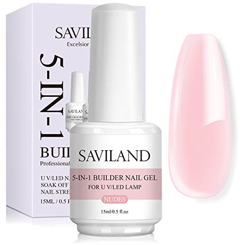 Saviland 5 in 1 Nudes Builder Nail Gel - 15ml Builder Base Strengthening Gel U V Nail Gel Polish for Nails Repair Reinforcement Extension, Nail Art Supplies Easy to Shape