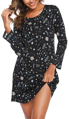 ENJOYNIGHT Camisón de mujer de manga larga, algodón, con estampado, camiseta para dormir, ropa de noche, vestido de noche, XL
