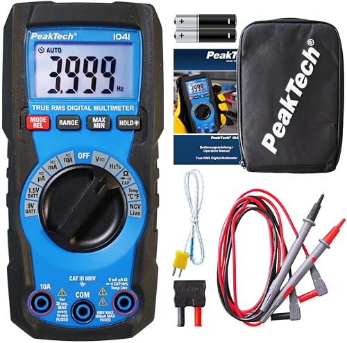 PeakTech 1041 – True RMS Digital Multimeter, Auto-Range, 4.000 Counts, Durchgangsprüfer, Mehrfach-Messgerät, Voltmeter; 600V - 10A AC/DC - CAT III, Black