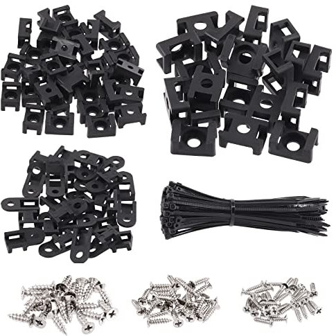 Glarks Lot de 360 attaches de câble noires avec vis de montage, 120 supports de fil de type selle de 3 mm, 4 mm, 6 mm et 120 attaches autobloquantes de 15,2 cm avec 120 vis à tête cylindrique