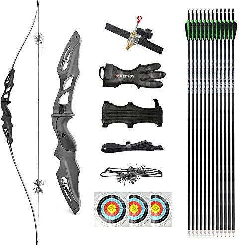 AMEYXGS Bogenschießen Takedown Recurve Bogen und Pfeil Set 64 Langbogen 20-50lbs Jagdbogen Sportbogen ILF Bogen Riser Rechte Hand Schießübungen im Freien (45lbs)