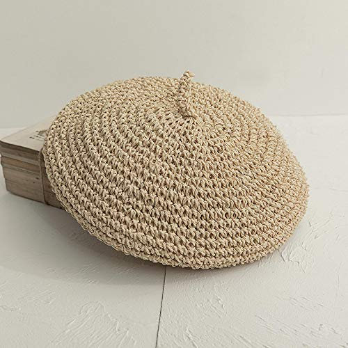 QBQZXAOSOWH Barett Cap Flache Kappe Handgefertigte Damen Baskenmützen Damen Strohhüte Flache Mütze Stricken Schwarze Baskenmütze 55-58Cm Beige
