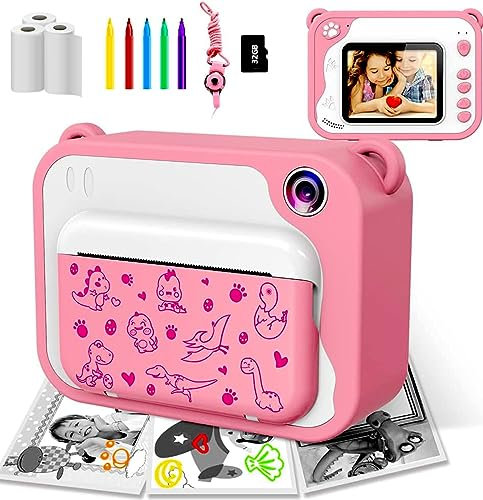 Uleway Appareil photo numérique pour enfant - Impression d'appareil photo instantané - 1080P 2,4 - Caméra vidéo noir et blanc avec carte mémoire 32 Go - 3 rouleaux de papier d'impression - 5 couleurs