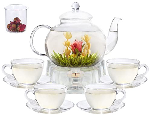 GURUDAR Glass Teapot Set, 40OZ/1200ml Stovetop Safe Glass Tea Kettle with Removable Infuser & Tea Warmer, Tea Cups Set of 4, Blooming Tea & Loose Leaf Tea Maker Set for Women，4 Teacup and Saucers