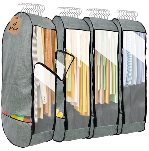 4PCS Garment Bags for Hanging Clothes,Chakera Large Breathable Garment Bag for Closet Storage with 10”Gusseted,Clear Clothing Storage Garment Cover for Dress Sweater with Double Zipper,Grey