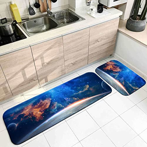 Banemi Teppich Flauschig, Küchenmatte Abwaschbar Blau Braun Universum Muster 60X90cm+60X180cm Heimtextilien