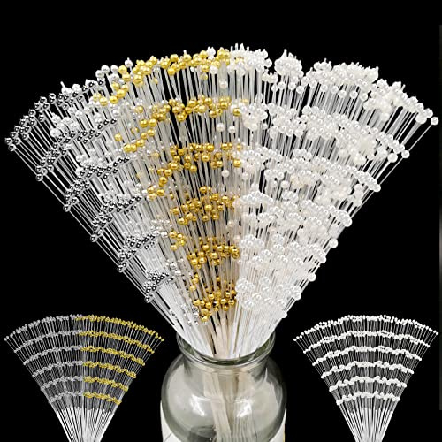 SNAIL GARDEN 3-Color Handmade Pearl Sticks,80 Pcs Beaded Floral Strings for Wedding Bouquet Decor, Bridal Flower Arrangement, DIY Craft and Party Decoration Supplies（White, Gold, Silver）