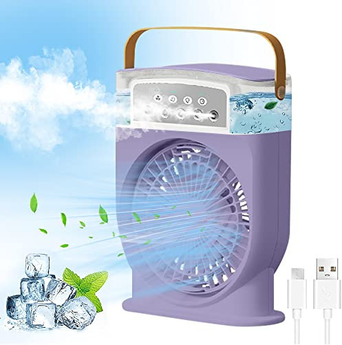 COKEEY Evaporative Air Cooler Fan,4-in-1 Mobile Ice Cool Humidifier Cooling Desk Fan USB Powered, Personal Conditioning Unit Portable for Bedroom Travel Camping Space (Purple) (COKEEY23053108)