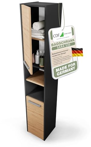 CDF Hochschrank SCHMAL HOCH-Schrank Badschrank 30 cm Breit Badezimmerschrank Nischenschrank Badmöbel für Kosmetik Handtücher Badezimmer Bad WC Toilette Flur Stehend Eiche Artisan/Anthrazit | 30x30x170