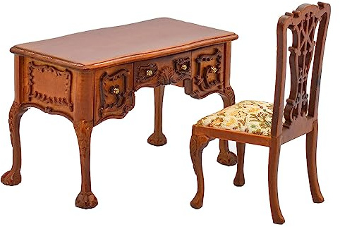 iLand Rococo Puppenhaus Möbel im Maßstab 1:12, Puppenhaus Holz Sammlerstücke – Holzminiaturmöbel für Sammler, geschnitzter Mini-Schreibtisch & Stuhl