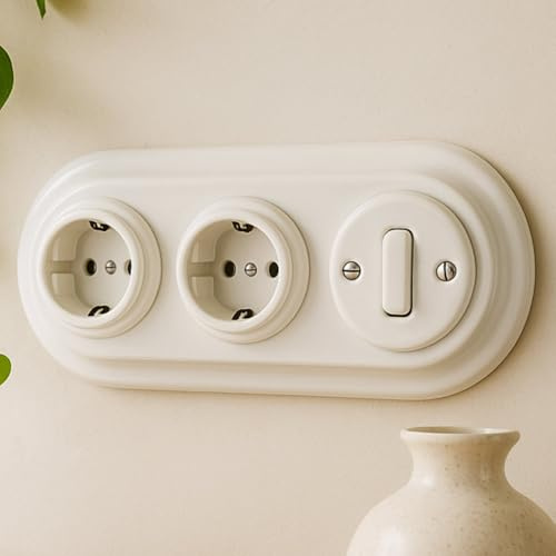 Unterputz Porzellan Retro Steckdose, Schalter, 3-fach, All-in-One, Serie PR1 weiß