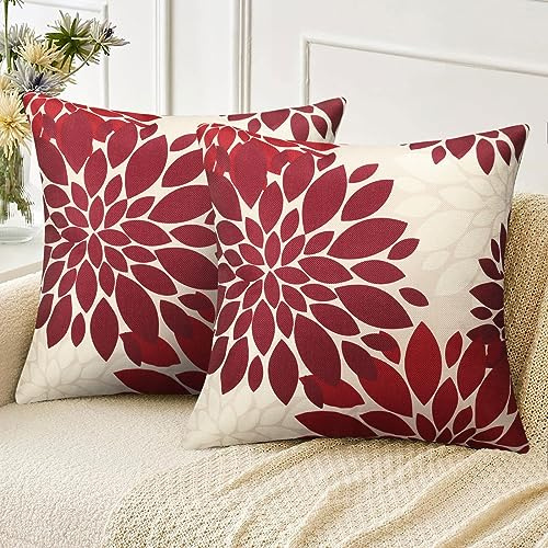 Velvhom Sofakissen Kissebezüge 50x50 cm Rot Weiss Kissenbezug Leinen Abstrakt Dahlie Blume Outdoor Kissen für Wohnzimmer Schlafzimmer Garten Sofa Couch Kissen Deko 2er Set