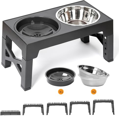 YY FOREYY FOREYY Dog Bowl 2 Stahlbecken & 1 Flottenteil, 5 Höhenjustierbar, Nicht-Slip-Stand für Kleine, Mittelgroße & Große Hunde (Grå)
