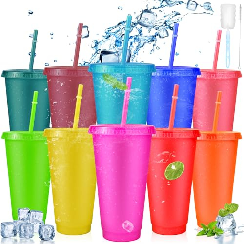 Vasos de agua helada de 24 onzas con tapas y popotes, vasos fríos con purpurina dorada, juego de vasos de plástico, vasos de plástico reutilizables sin BPA, taza de café para batidos de café, tazas de