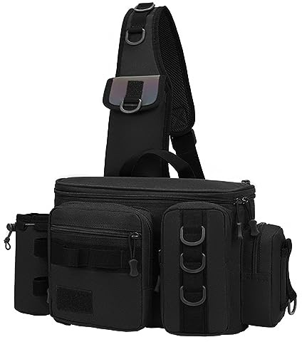 SEIWEI Sac de pêche à la carpe, sac de rangement multifonction pour matériel de pêche en plein air, 42 cm x 17 cm x 21 cm, sac étanche pour randonnée, chasse, pêche (camouflage noir)