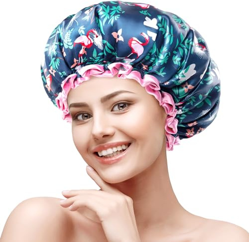 mikimini Wiederverwendbar Duschhaube Damen und Mädchen, Flamingo, Mittel | Shower Cap Wasserdicht, Doppelschicht, Ideal für für mittleres und kurzes Haar, Flamingo-Muster - Ein Muss für Tropen-Fans!