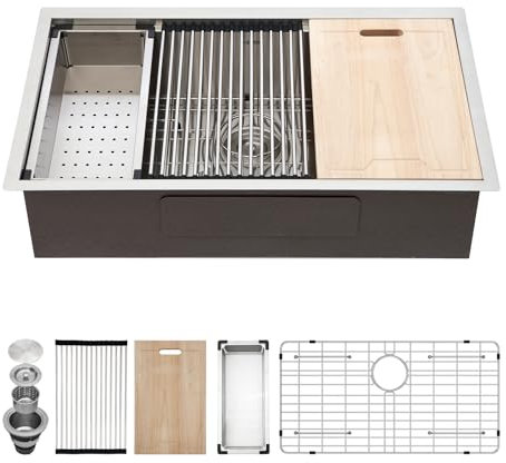 Kichae 30 Unterbau-Küchenspüle – 30 x 18 Unterbauspüle, Arbeitsplatz, 16 Gauge, Edelstahl, tiefe Einzelschüssel, unter der Theke, handgefertigtes Waschbecken